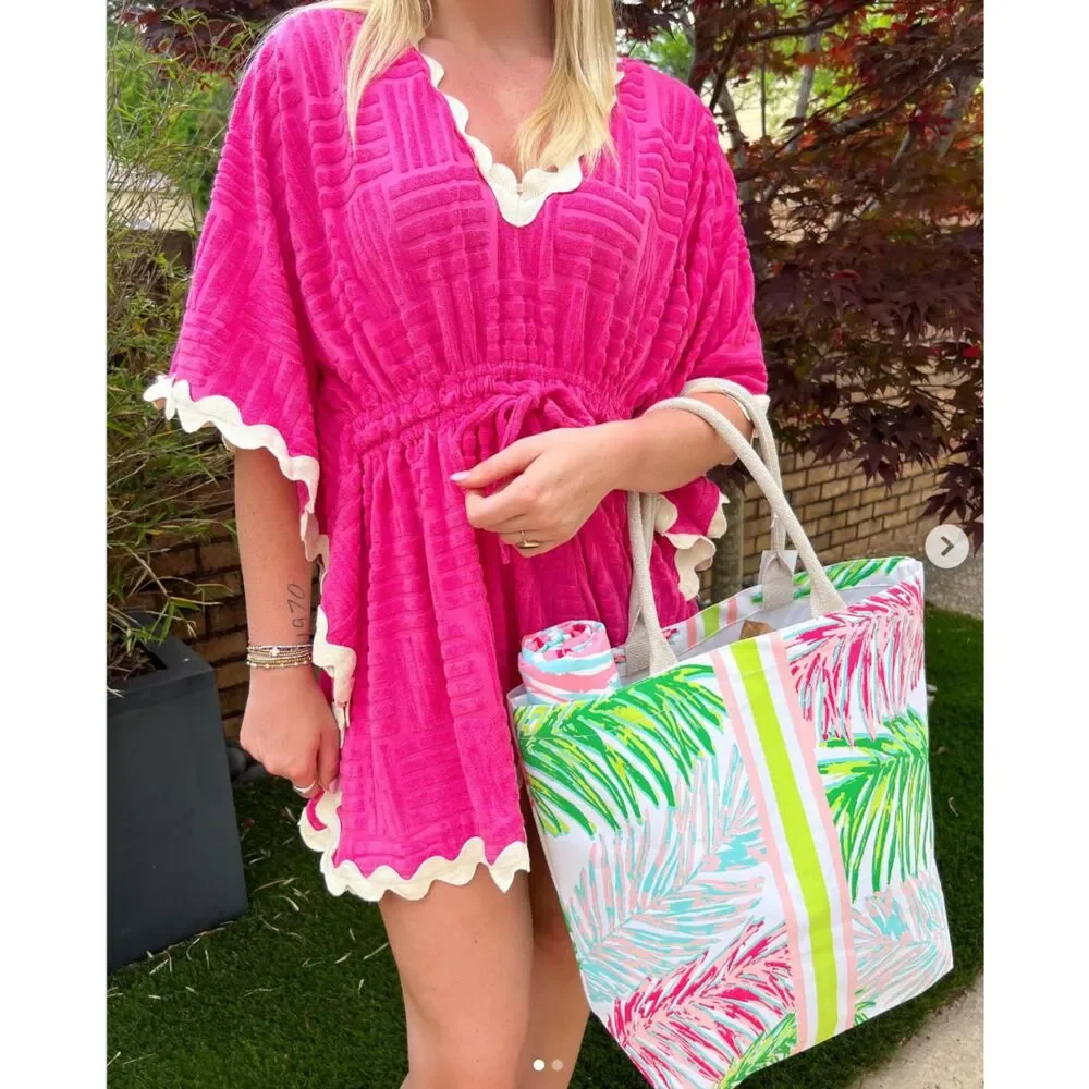 Entro Hot Pink Fuschia with White Ric Rac Swim Terry Cloth Cover-Up